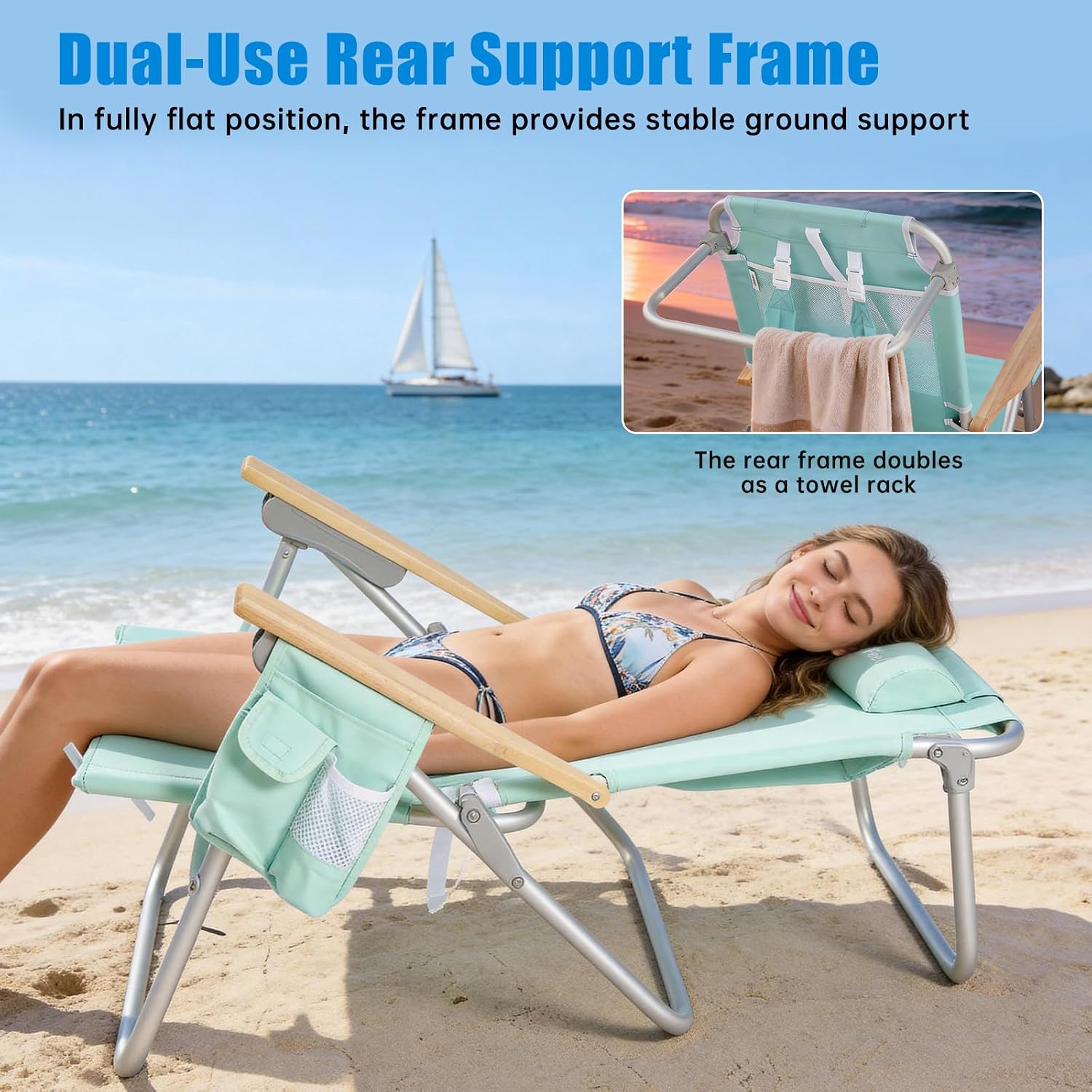 SUNNYFEEL Low Back Folding Beach Chair, Aluminum Heavy Duty Beach Chair with 5-Position, Portable Camping Chair for Adults with Wood Armrest, Lightweight Camping Chair 300lbs, Green