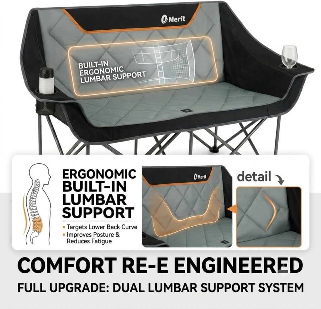 EMERIT Oversized Fully Padded Camping Chair, Heavy Duty 650LB Folding Camping Loveseat, Quad Fold Double Camping Couch with Cup Holders & Carry Bag for Outdoor, Lawn, Sports Events Black