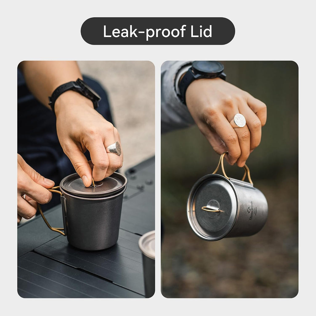 Thous Winds Titanium Mug, 450ml 15oz, Camping Coffee Cup with Foldable Handle and Lid, Lightweight Cup for Outdoor Backpacking Hiking