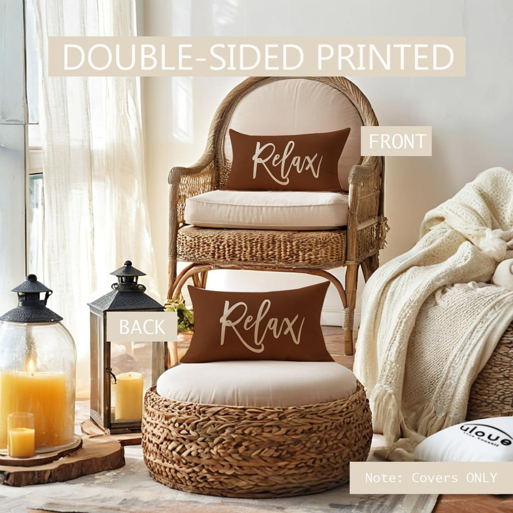 Relax Unwind Throw Pillow Covers 12x20 Farmhouse Spring Summer Decorative Lumbar Pillowcases Porch Patio Cushion Covers 2Pack for Bedroom Living Room Sofa Couch Home Decor (Coffee)