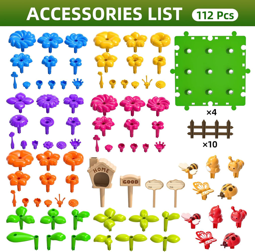 112 Pcs Flower Garden Toy, Toddler Girl Toys 3-4 Years Old Girls Gardening Building Gifts Set Best Educational Learning Fine DIY Crafts Stem Construction Stacking Kit for 3 4 5 6 7 Year Kids Birthday