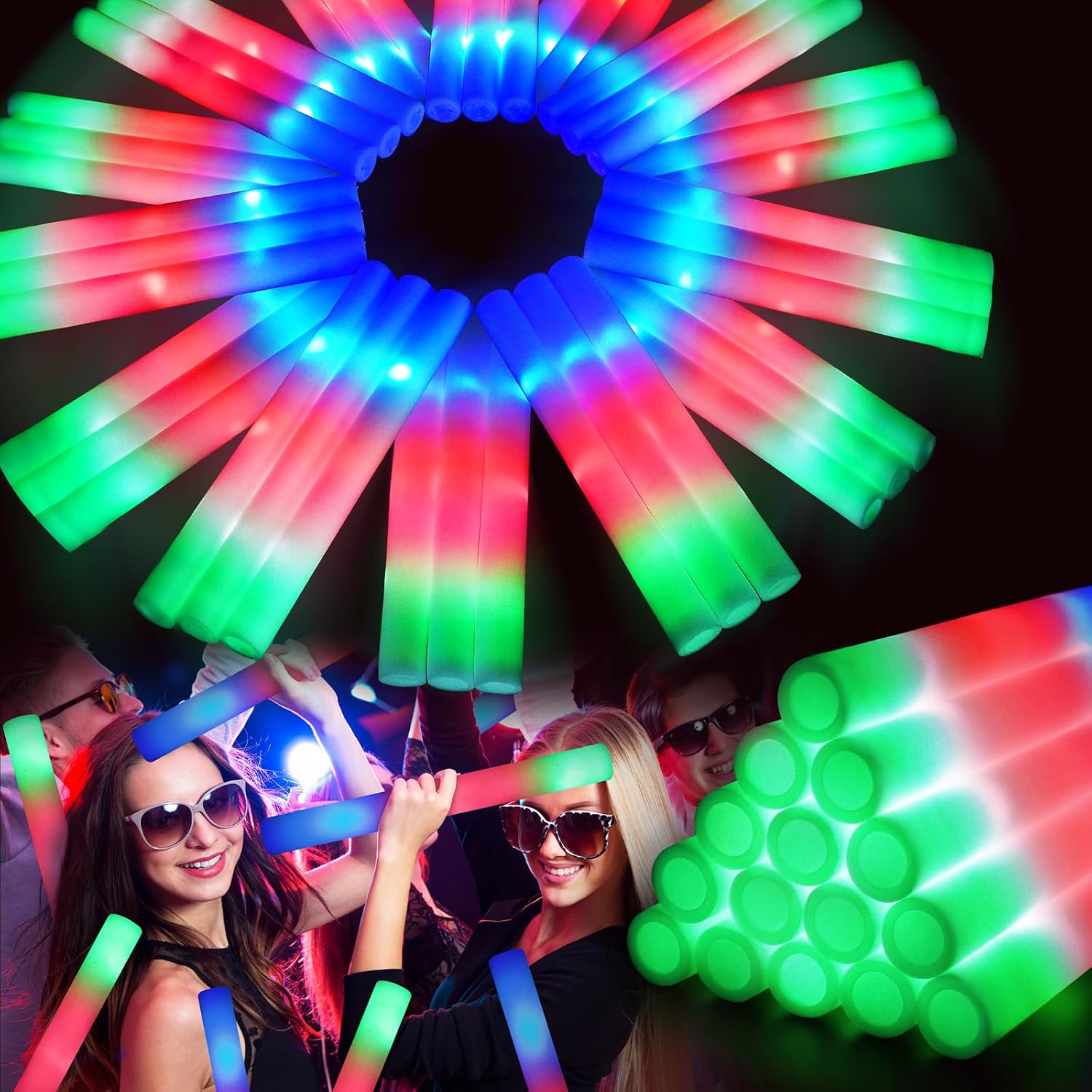HONLYNE 44 PCS Foam Glow Sticks with 3 Modes Colorful Flashing, Foam Light Up Sticks, LED Light Sticks, Glow Sticks Party Pack for New Year, Wedding, Raves, Concert, Christmas