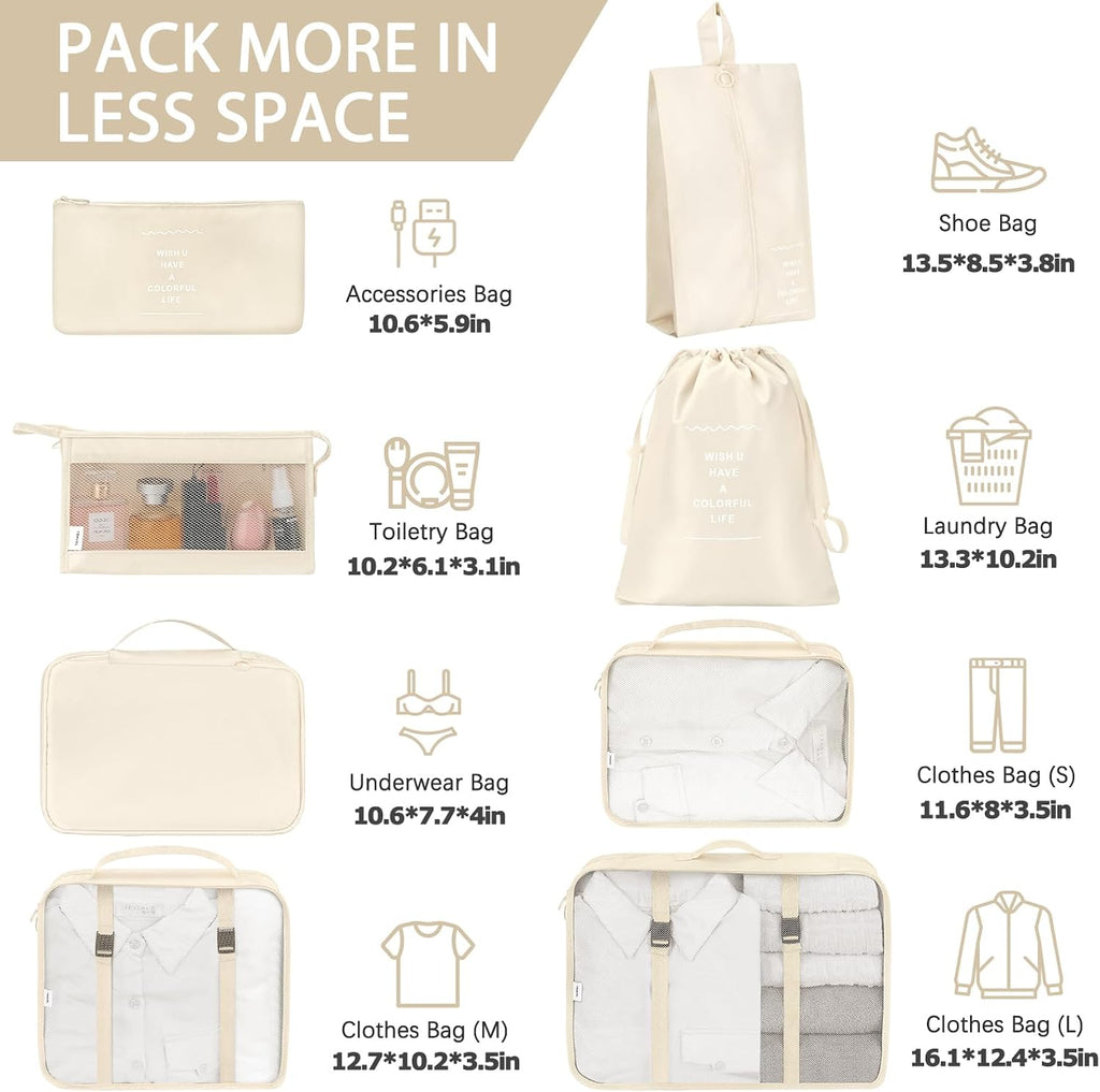 KPX 8 Set Packing Cubes for Travel, Luggage Packing Organizers Accessories Large Toiletries Bag for Clothes Shoes Cosmetics (Beige)
