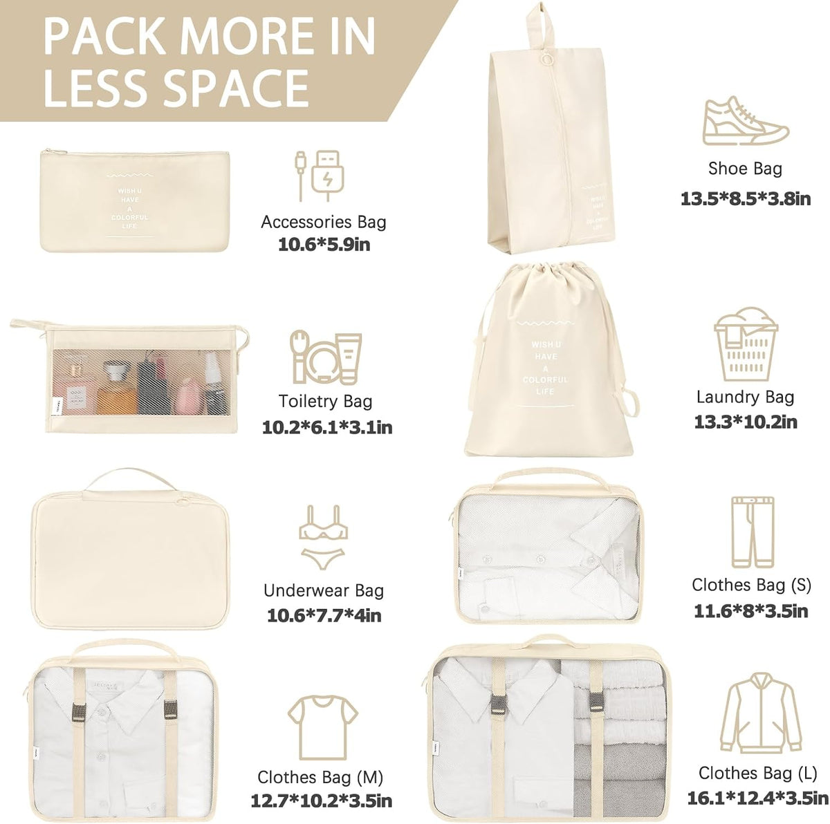 KPX 8 Set Packing Cubes for Travel, Luggage Packing Organizers Accessories Large Toiletries Bag for Clothes Shoes Cosmetics (Beige)
