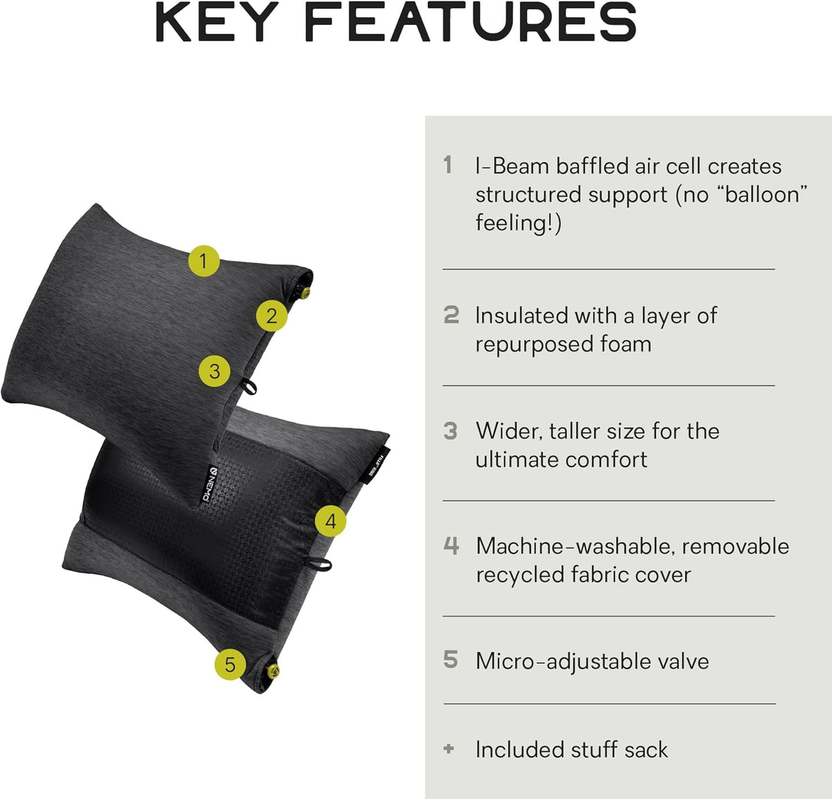 NEMO Equipment Fillo King Luxury Camping Pillow - Black Pearl/Birch Bud