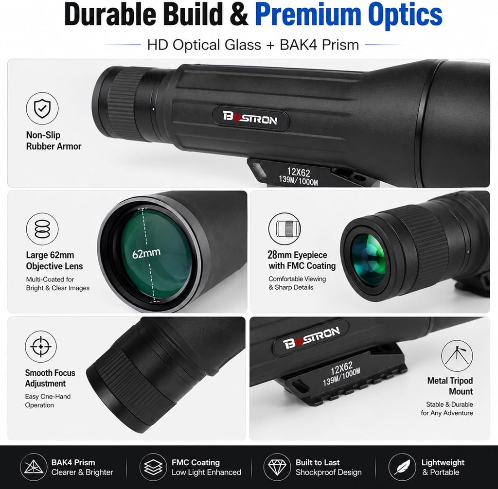 12X62 HD Monocular Telescope with Tripod for Adults Bird Watching, Black