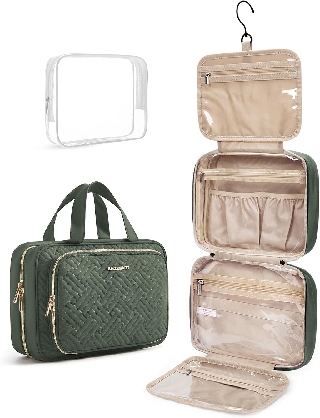 BAGSMART Toiletry Bag Hanging Travel Makeup Organizer with TSA Approved Transparent Cosmetic Bag Makeup Bag for Full Sized Toiletries(Dusty Green)