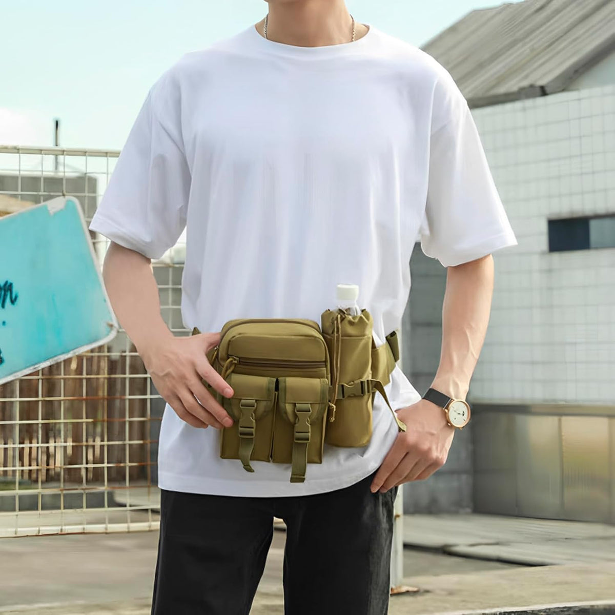 DOB SECHS Hiking Waist Bag with Detachable Water Bottle Holder and Adjustable Waist Belt Oxford Fanny Pack for Men Women Causal Belt Bag for Travel Outdoor Fishing Running Hiking Hunting,Khaki