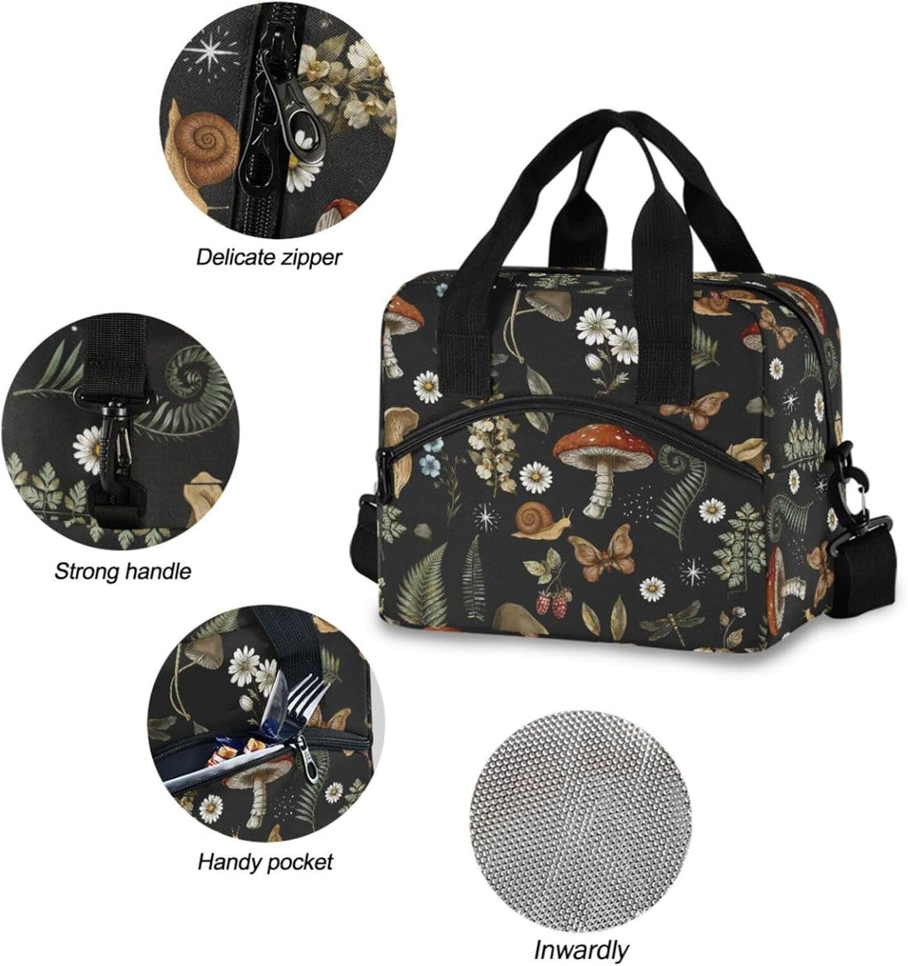 Mushrooms Insulated Lunch Bag, Vintage Flower Butterfly Dragonfly Reusable Cooler Lunch Tote Box with Shoulder Strap for Work Picnic School Beach