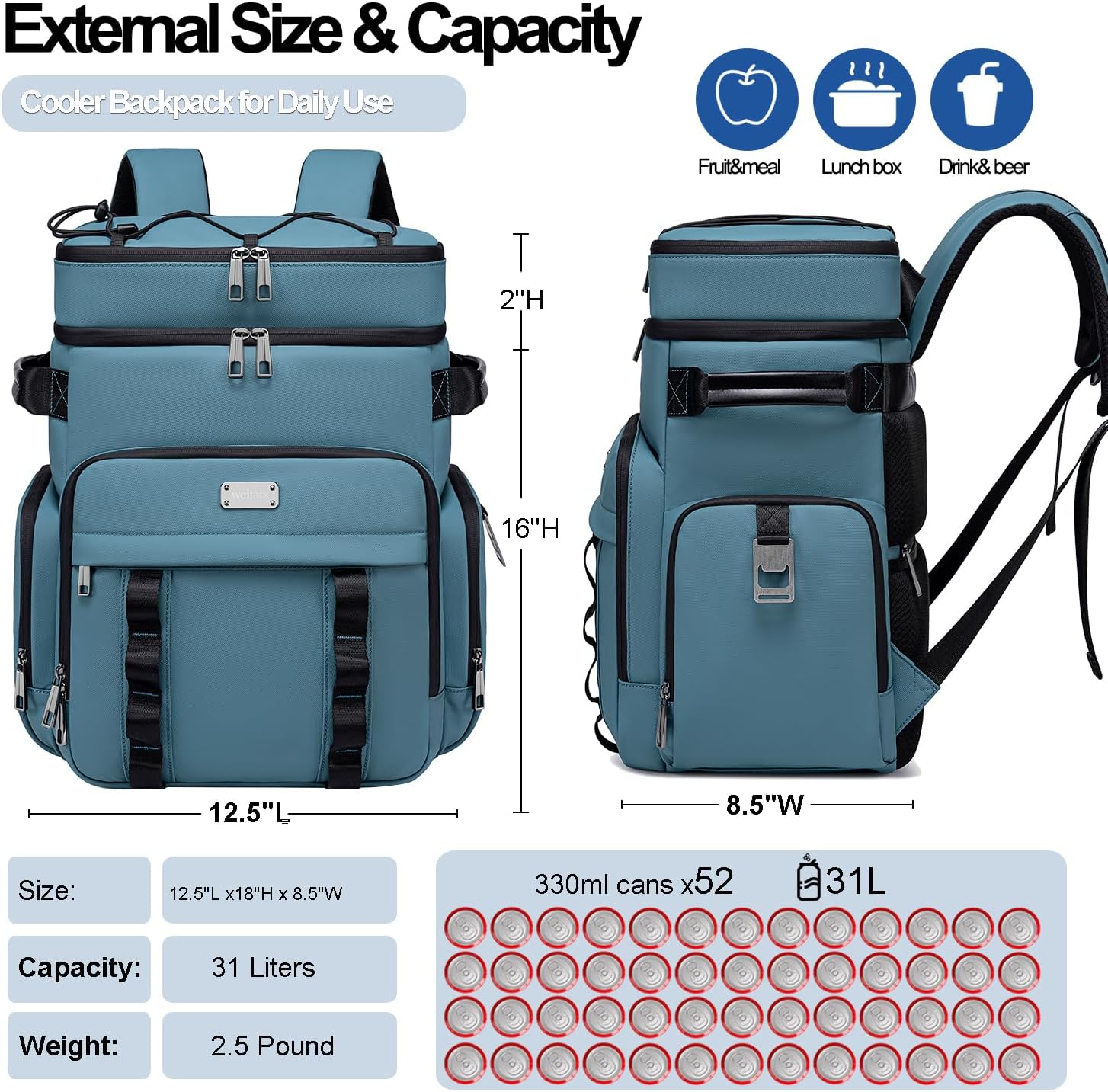 Weitars Insulated Cooler Backpack,Waterproof Soft Cooler Bag 31L/52 Can
