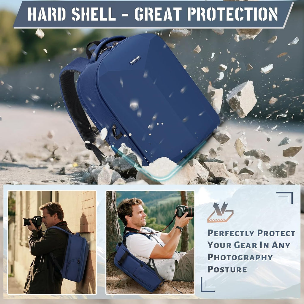 RAINSMORE Camera Backpack Hard Shell for DSLR/SLR Waterproof Camera Bag with Laptop Compartment 15.6 Inch Professional Camera Case with Rain Cover Photography Backpack Bag with Camera Lens Case Blue