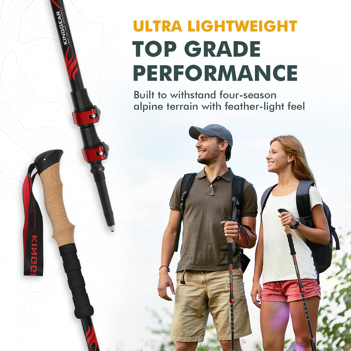 Carbon Fiber Trekking Poles Cork EVA Grip Lightweight | 8.2oz, Telescopic 90-135cm, Metal flip Locks, for Hiking, with Snow/mud/Rubber Tips & Bag