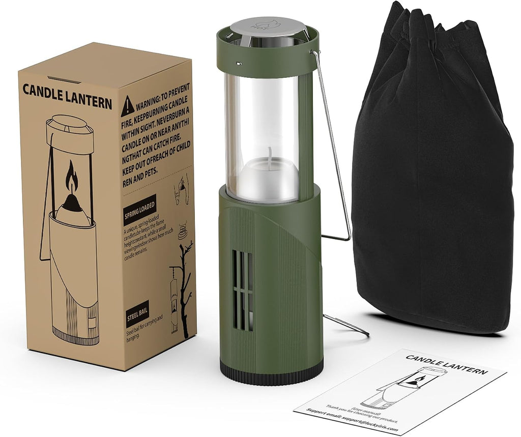 Mini Candle Lantern for Real Candles, 15H Camping Emergency Light, Green