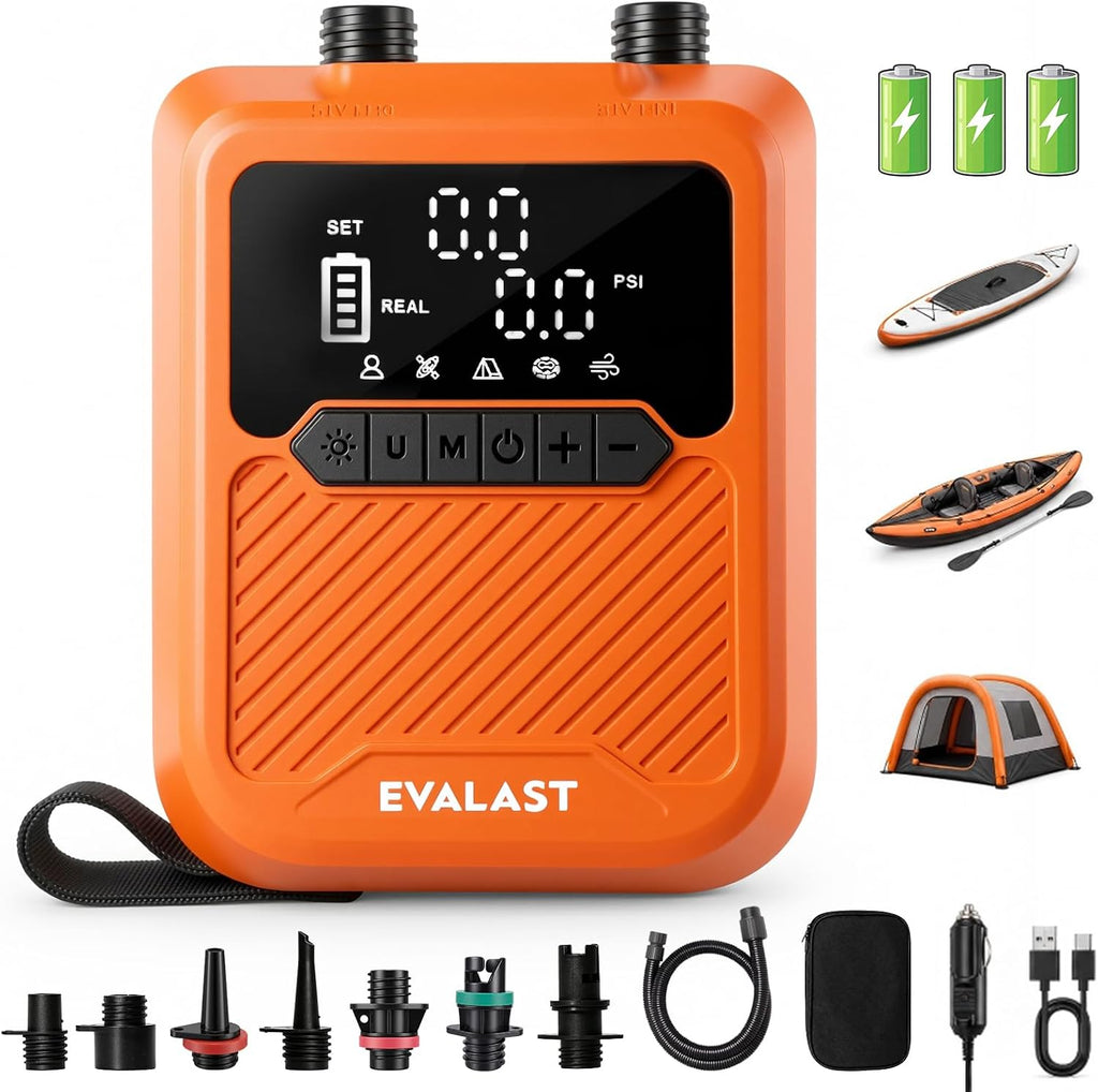 20 PSI Electric Paddle Board Pump, Rechargeable & 12V Car Power
