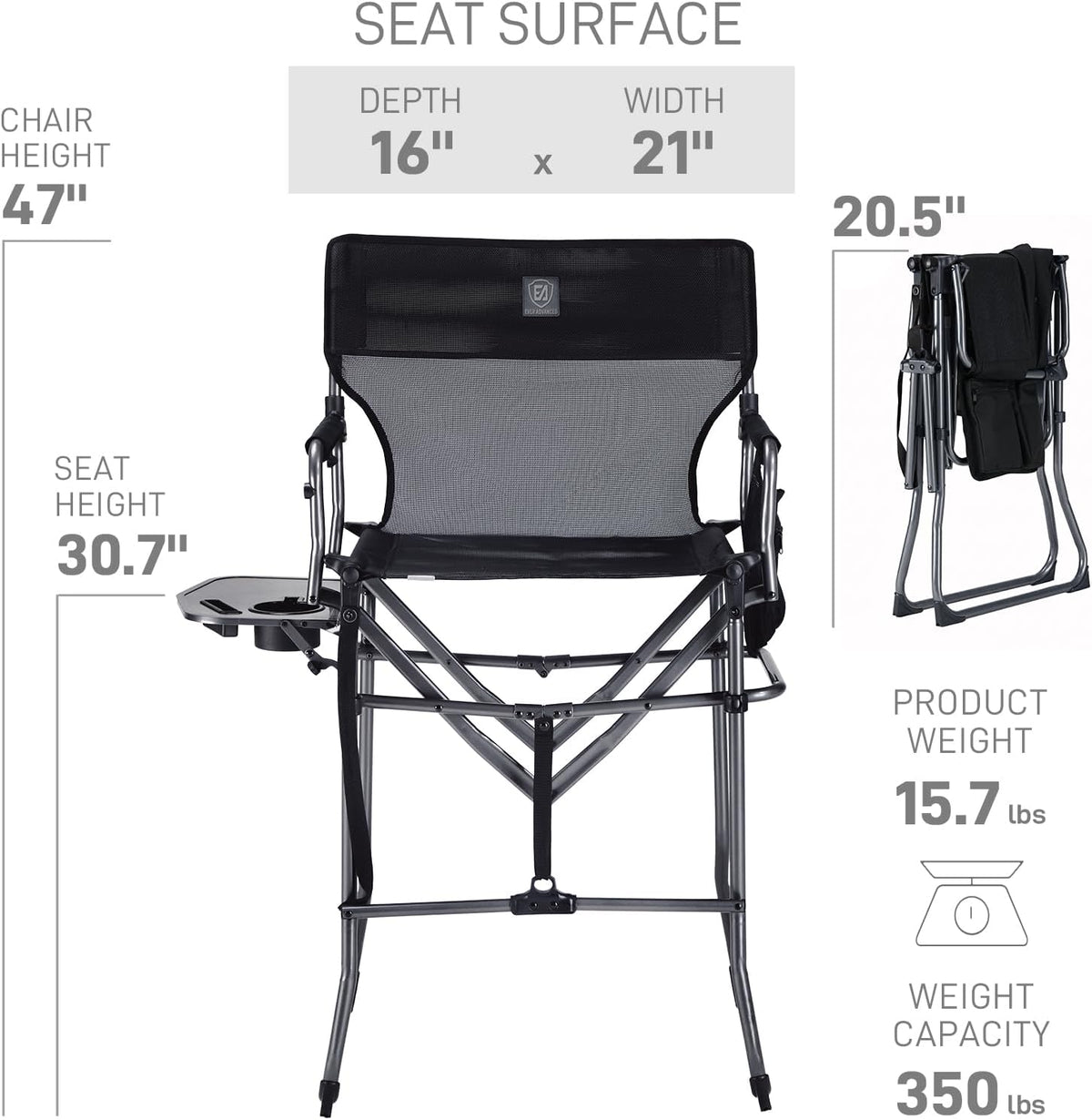 EVER ADVANCED Portable 30.7" Seat Height Tall Camping Directors Chair
