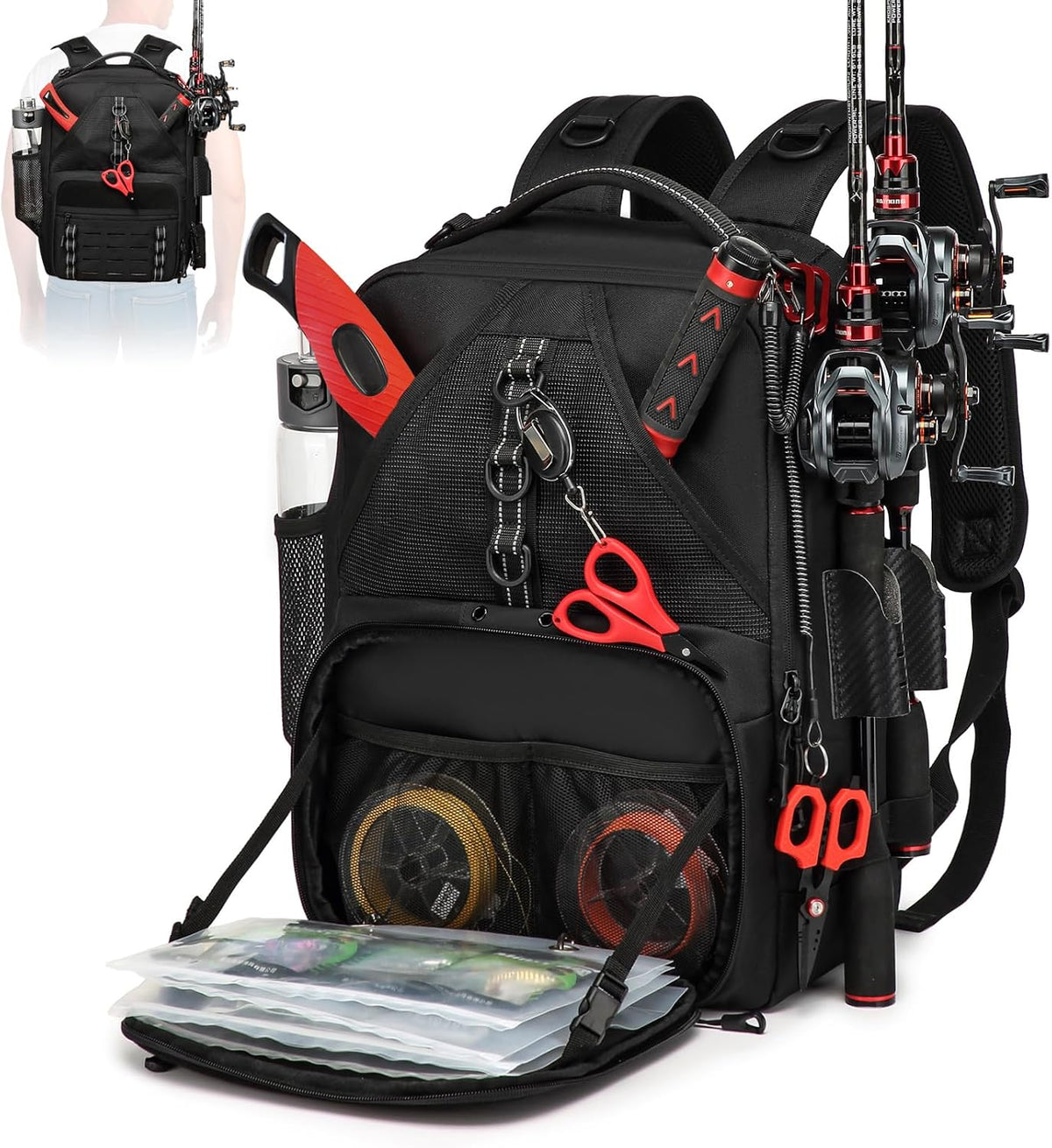 Fishing Tackle Backpack,Tackle Bag with 2 Rod Holders,Water-Resistant Large Storage Fishing Gear and Equipment (B-Black Camo)