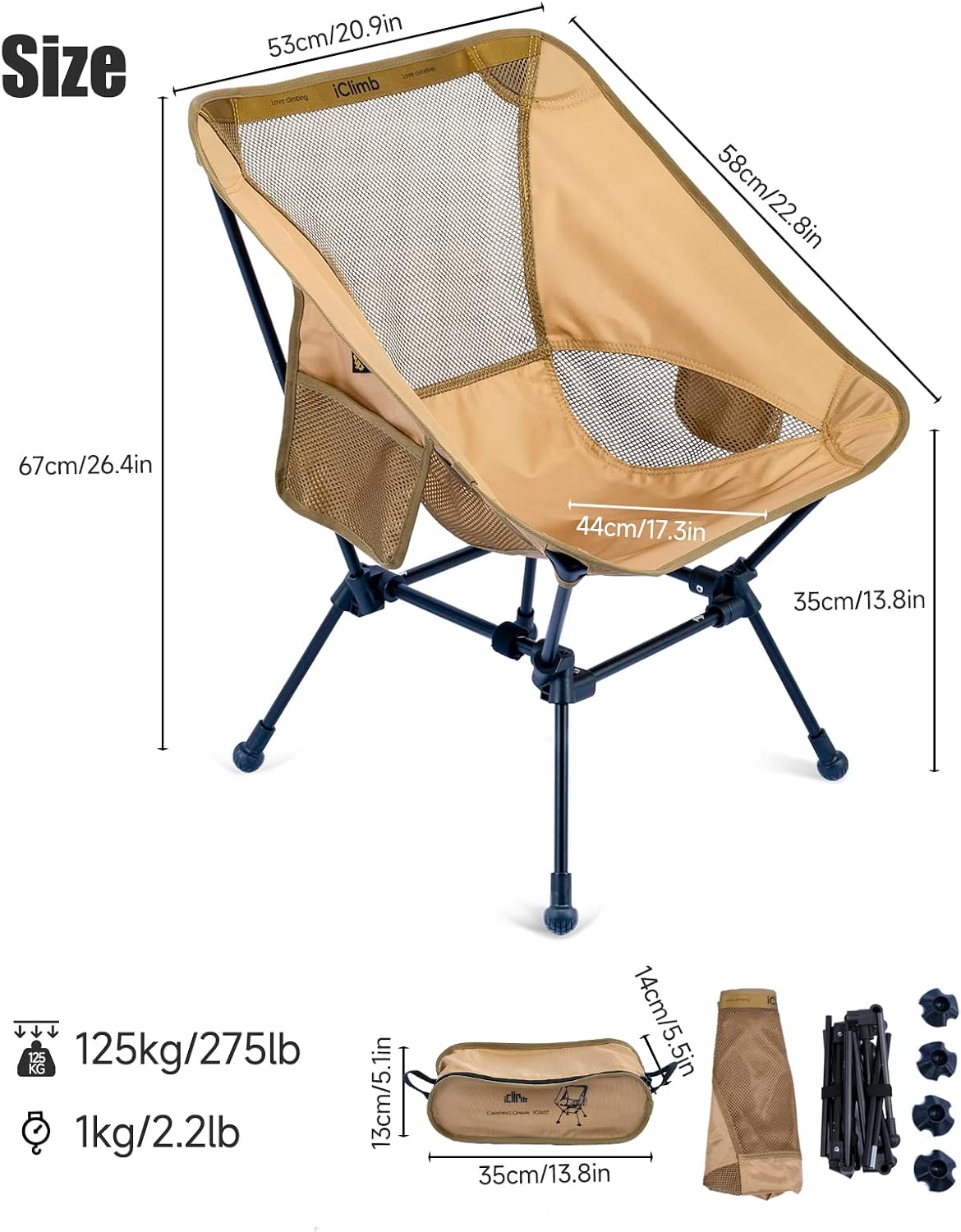 iClimb Ultralight Compact Folding Anti-Sinking Chair, Brown