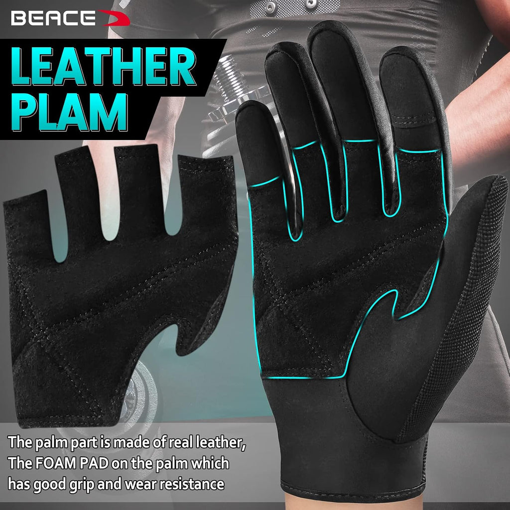 BEACE Full Finger Weight Lifting Gym Gloves with Anti-Slip Leather Palm for Workout Exercise Training Fitness and Bodybuilding for Men & Women