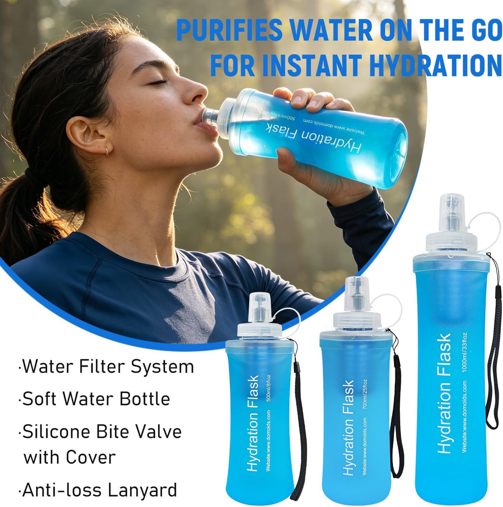 500ml Collapsible Water Bottle with Filter for Hiking Backpacking(Blue)