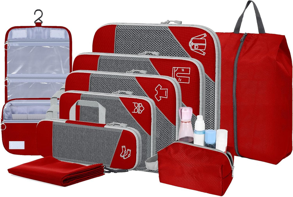 9-Set Packing Cubes with Hanging Bag | 9-Size Combination, Mesh Fabric & Reflective Stripe | Travel Luggage Organizers (Grey)