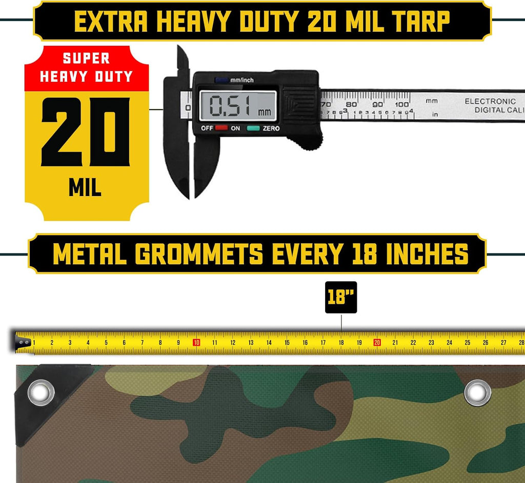 Core Tarps Extreme Heavy Duty 20 Mil Tarp Cover, Waterproof, UV Resistant, Rip and Tear Proof, Poly Tarpaulin with Reinforced Edges for Roof, Camping, Patio, Pool, Boat (Camouflage/Green 12′ X 12′)