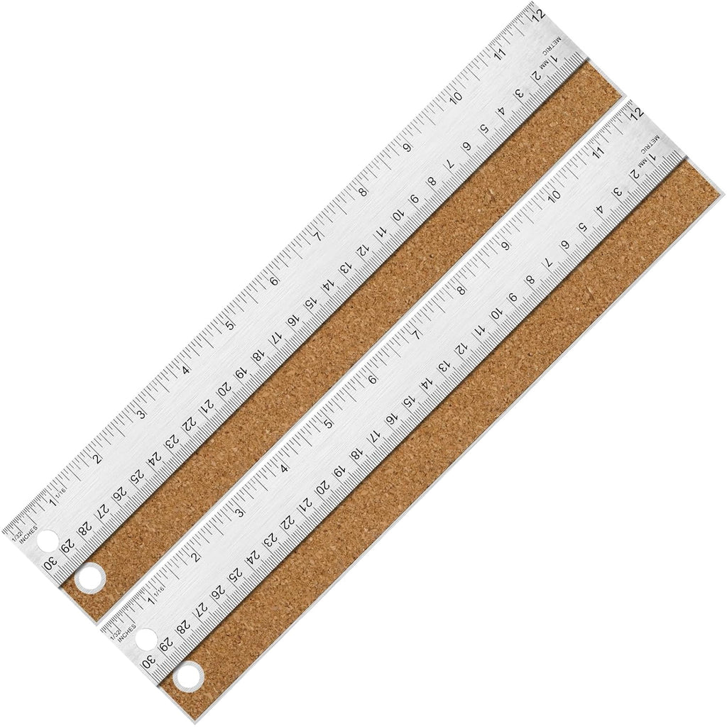 12 Inch Metal Ruler with Cork Backing, Imperial & Metric 2 Pack