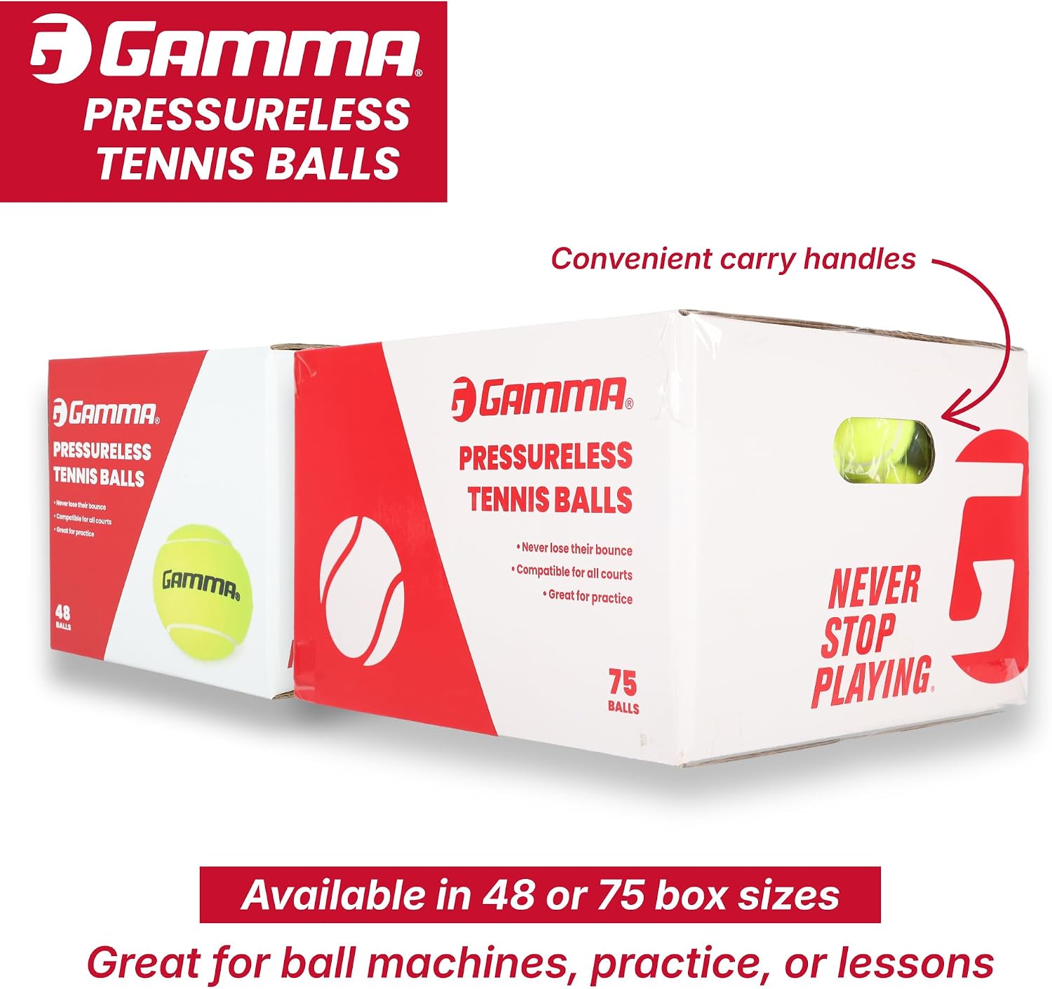 Gamma Sports Pressureless Tennis Balls Box - Ideal for Practice, Teaching, and Training with High-Visbility Felt - Indoor and Outdoor Court Play - 48 and 75 Pack Sizes