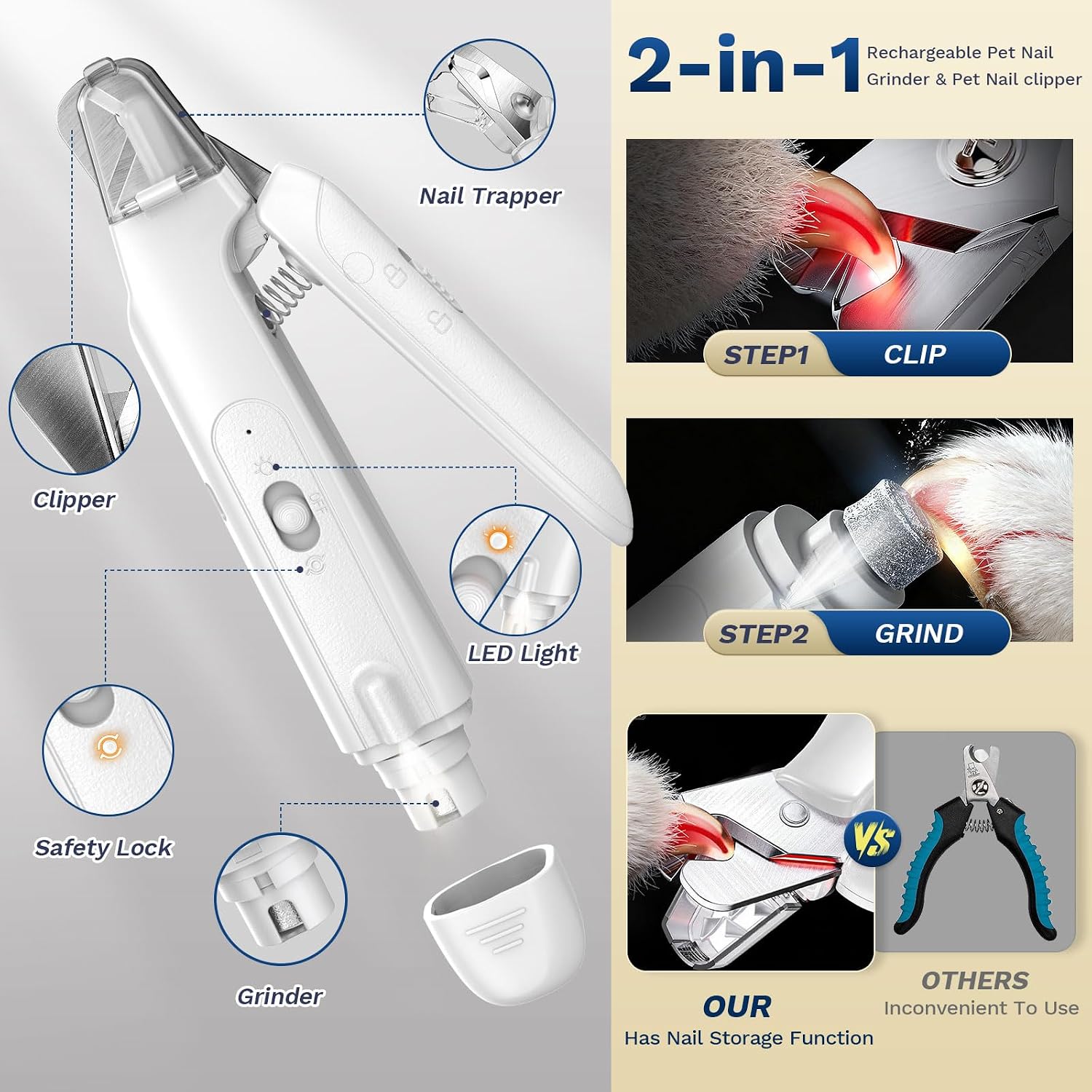 2-in-1 Dog&Cat Nail Clippers with Light, Type-c Pet Claw Trimmer & Grinder