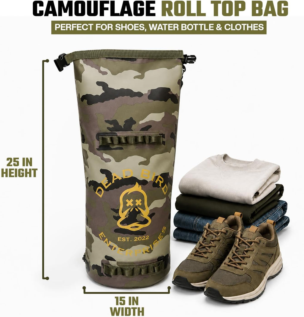 Dead Bird Enterprises Waterproof 20L Dry Bag, Camouflage Floating Shell Pouch with Roll Top Closure for Duck Hunting, Beach, Boating, Kayaking, Fishing & Camping, 500D PVC Tarpaulin Camo Dry Bag