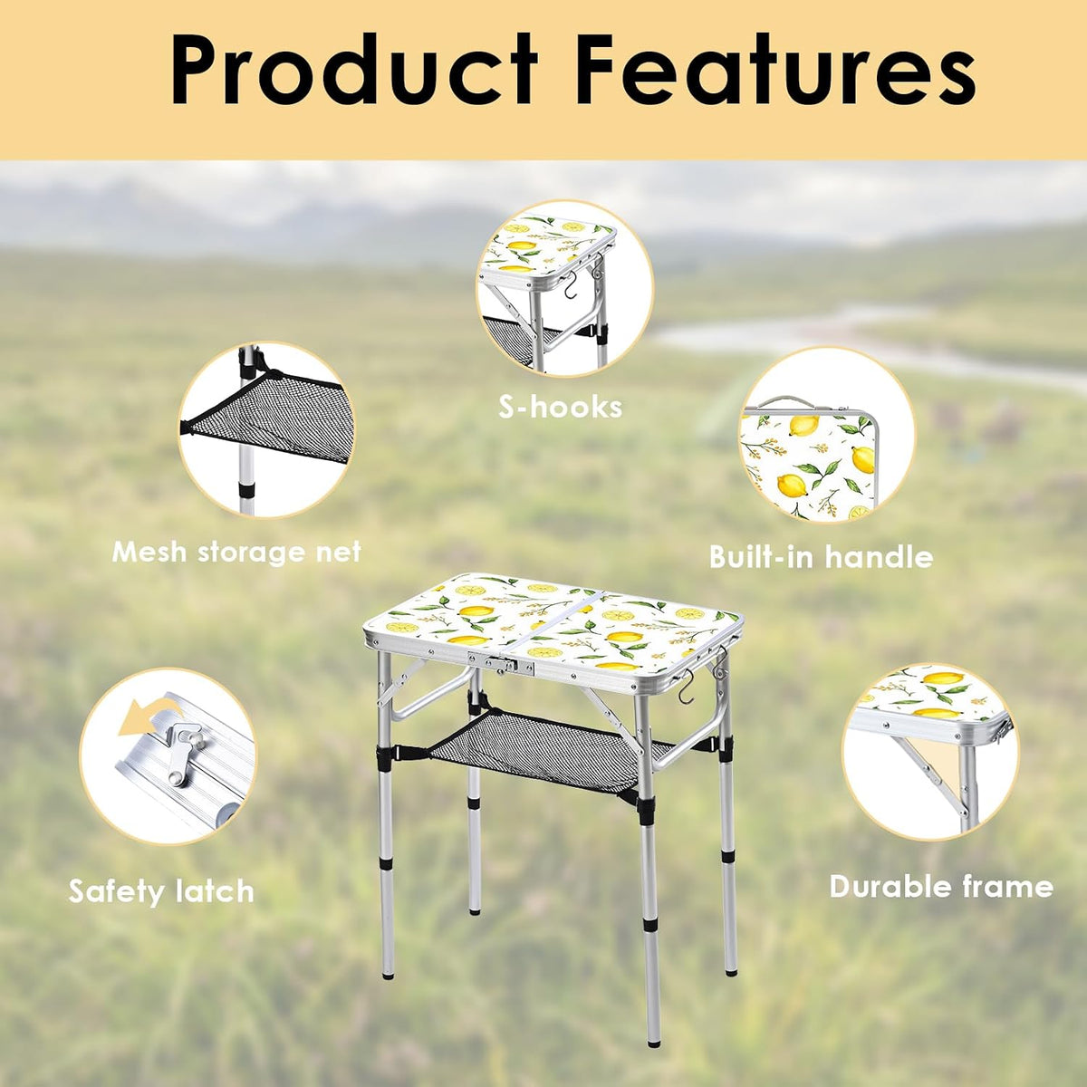Small Folding Camping Table, 2ft Portable Table, Lemon