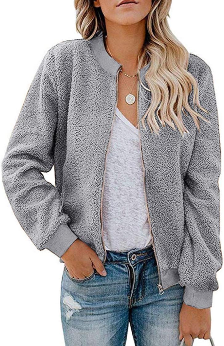 MIROL Women's Fall Fleece Bomber Jacket Trendy Sherpa Winter Coat Fuzzy Casual Long Sleeve Zip Up Loose Fit Jackets
