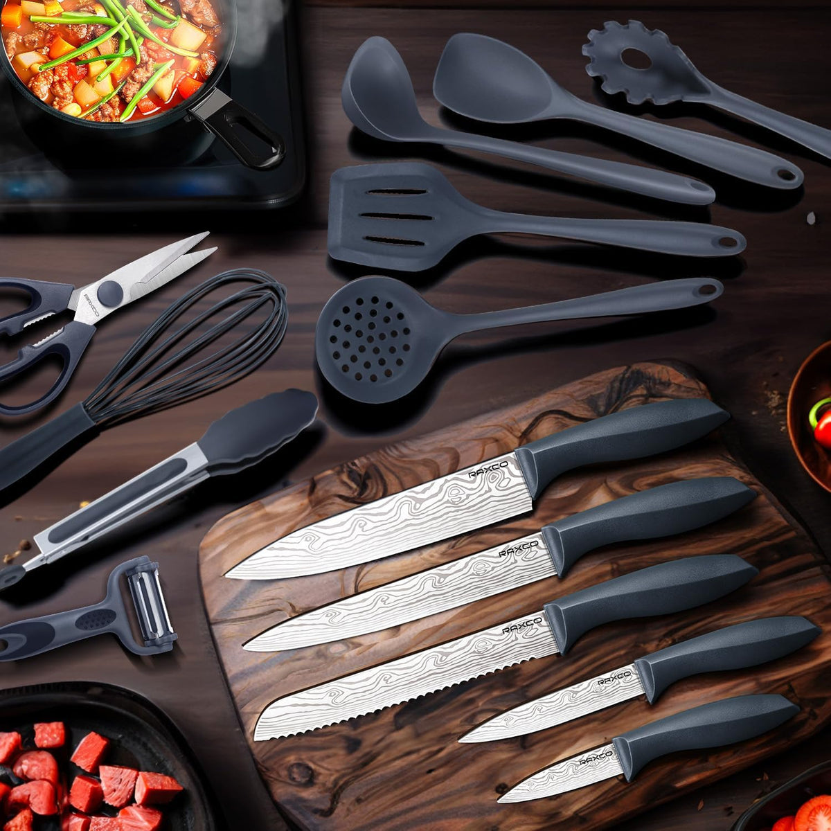 RAXCO Kitchen Set,18-Piece Cooking Utensils and Kitchen Knife Set,Gray