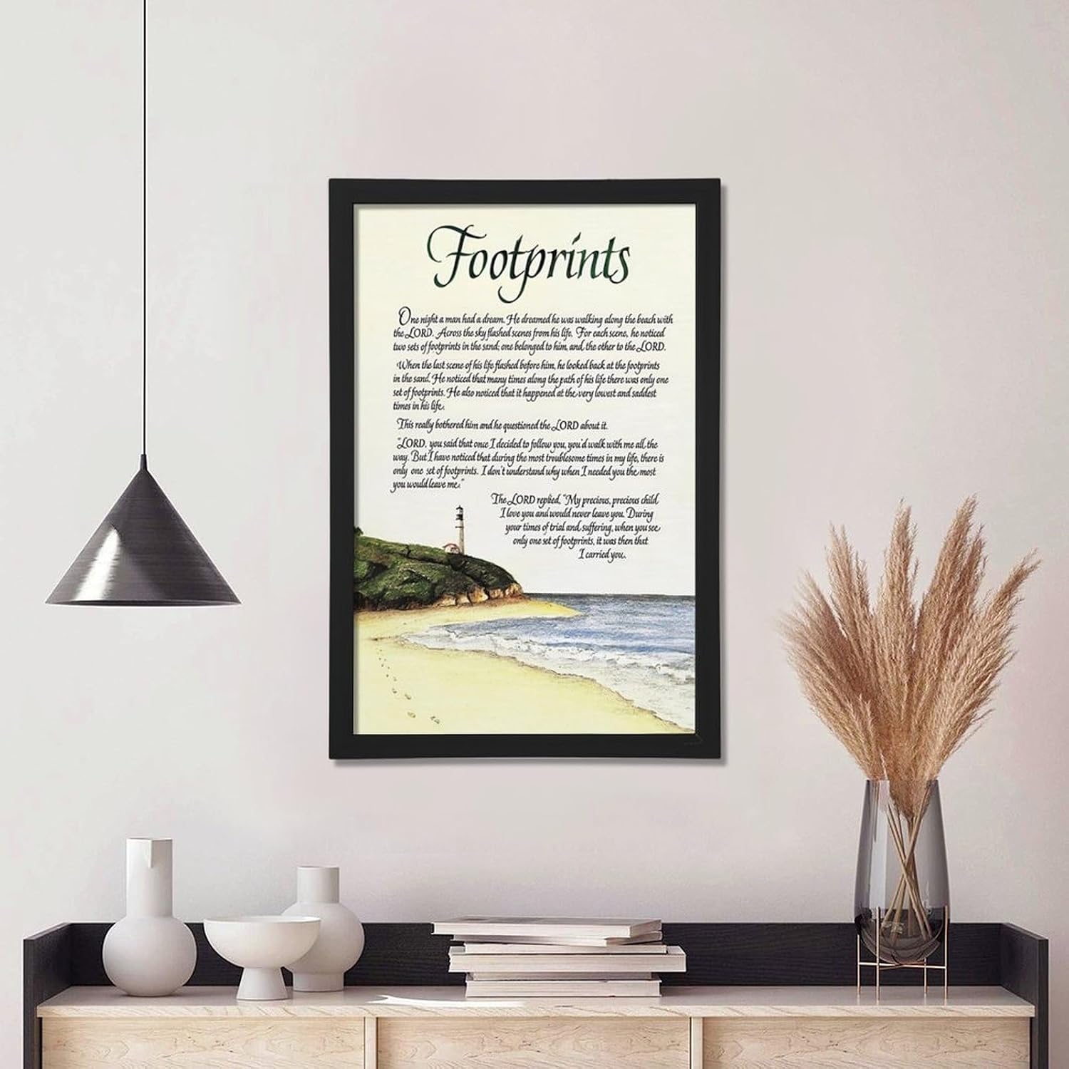 Footprints in the Sand Religious Canvas Wall Art Posters, Inspirational Beach Sunset Poem Print Poster (Black Framed 12x18inch, Footprints(5))