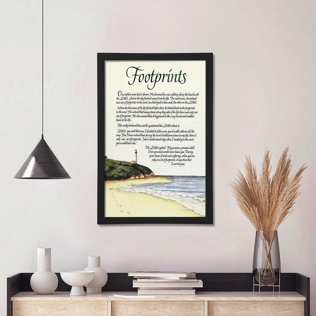 Footprints in the Sand Religious Canvas Wall Art Posters, Inspirational Beach Sunset Poem Print Poster (Black Framed 20x30inch, Footprints(5))