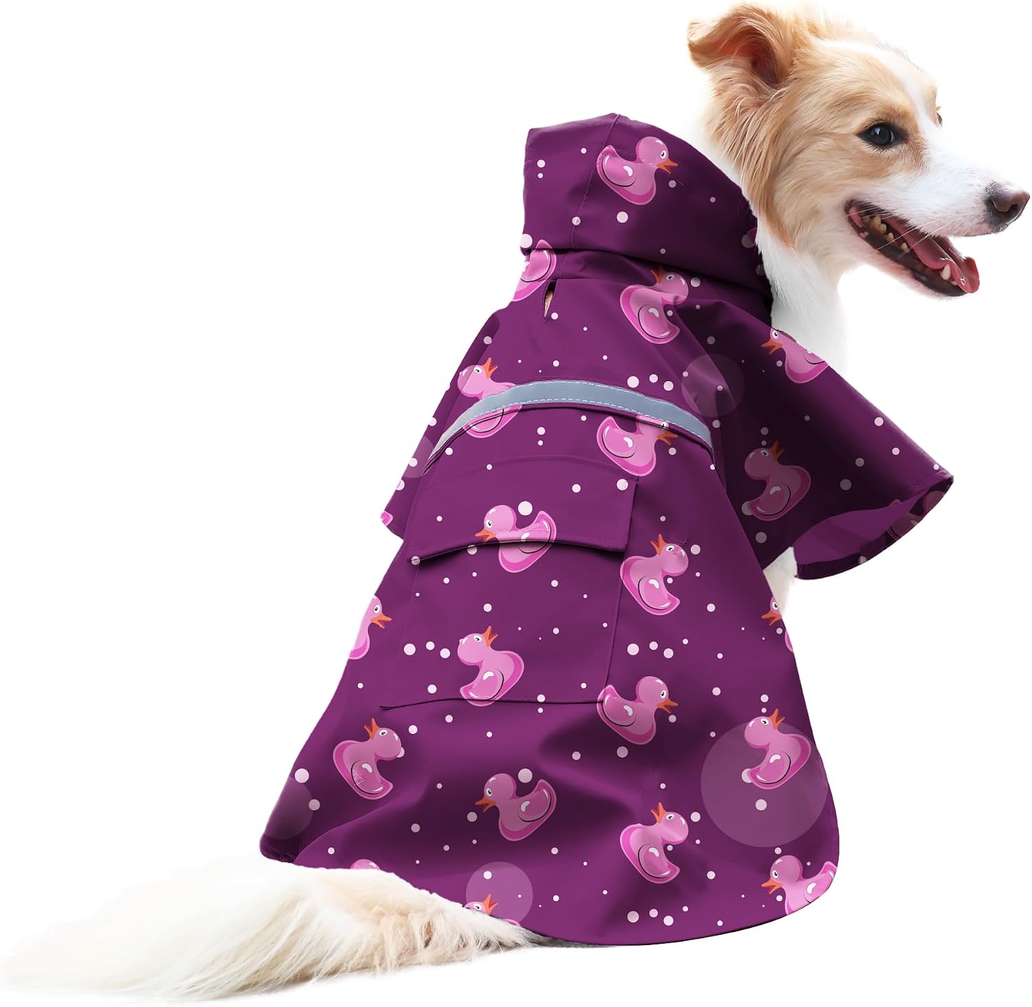 DELIFUR Large Dog Raincoat- Waterproof Dog Rain Poncho Adjustable Double Layer Rain Jacket with Hood for Medium Large Dogs Designed with Leash Hole Reflective Strip and Ducks (Pink Duck, Large)