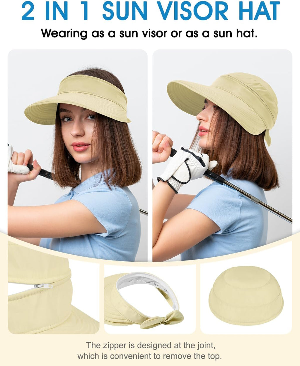 Century Star Sun Hat for Women Wide Brim Zip-Off Beach Hat Visor Ponytail UV Protection Summer Visors