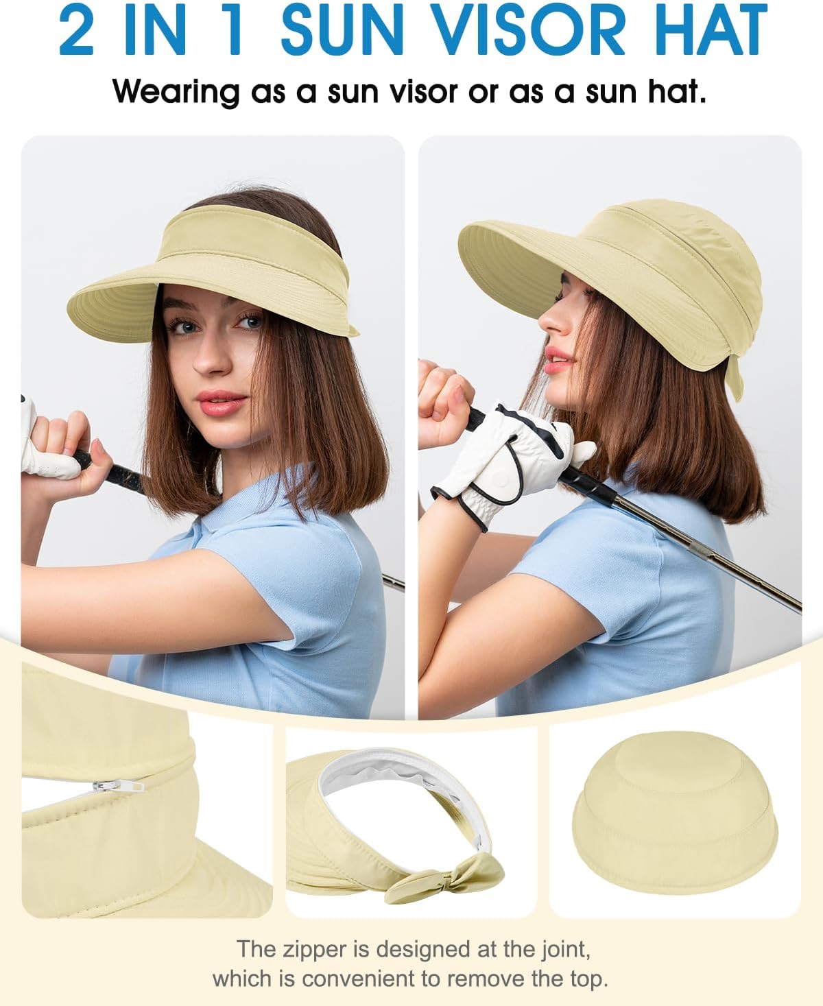 Century Star Sun Hat for Women Wide Brim Zip-Off Beach Hat Visor Ponytail UV Protection Summer Visors