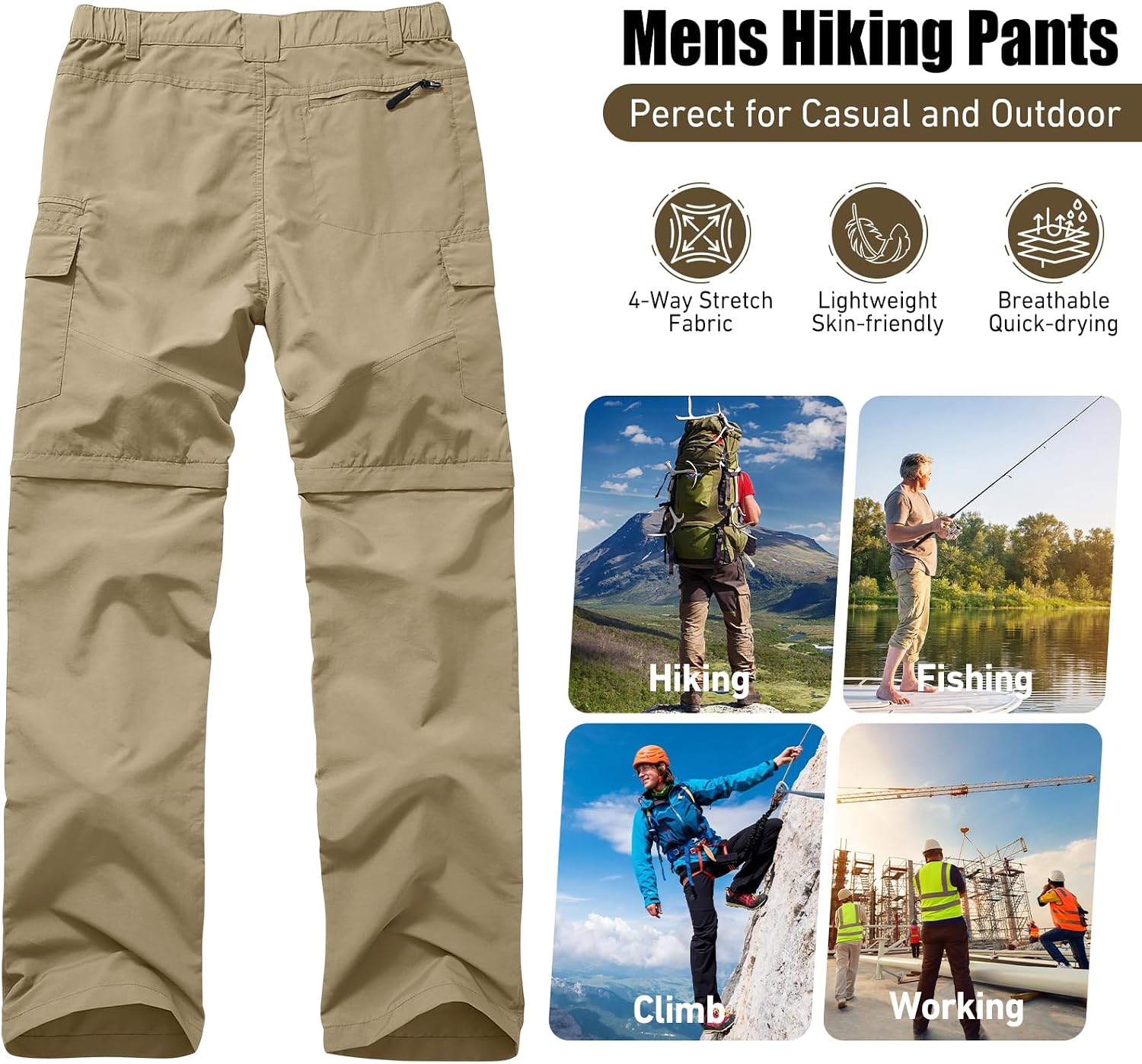 mixtiq Mens Hiking Convertible Pants Water-Resistant Quick Dry Pants
