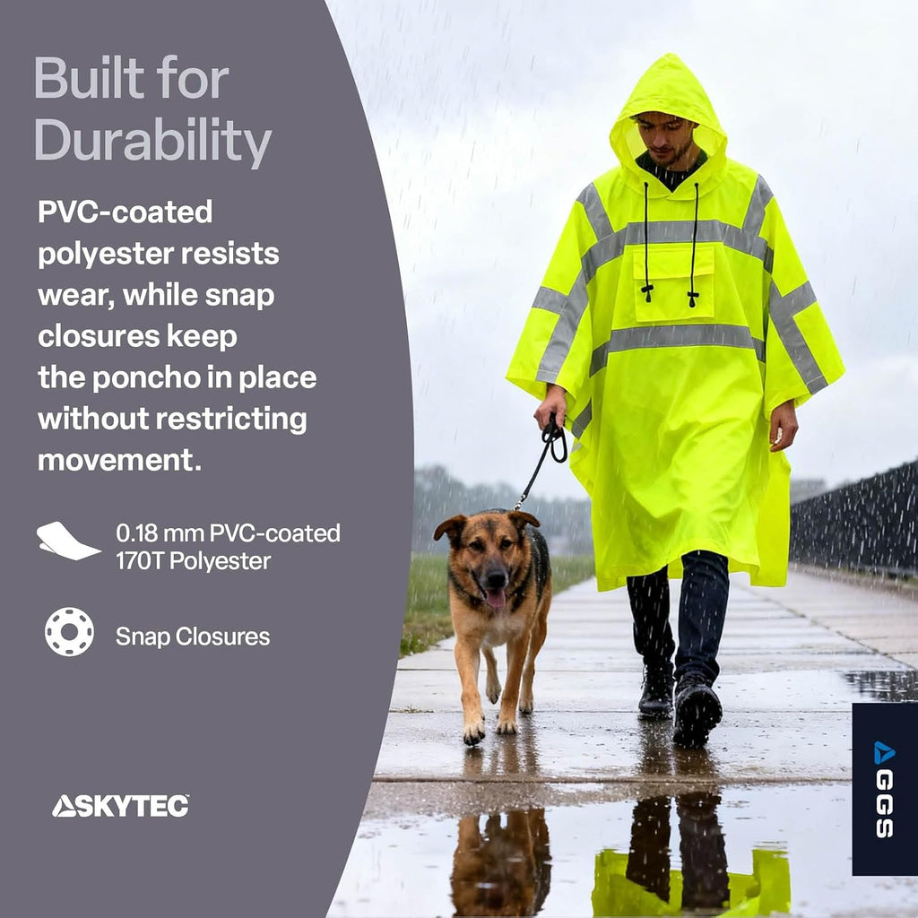 GGS Rain Poncho - High Visibility, Reflective, Wind and Waterproof with Drawstring Hood, Rain Gear for Construction, Camping, Fishing, Hiking, One Size