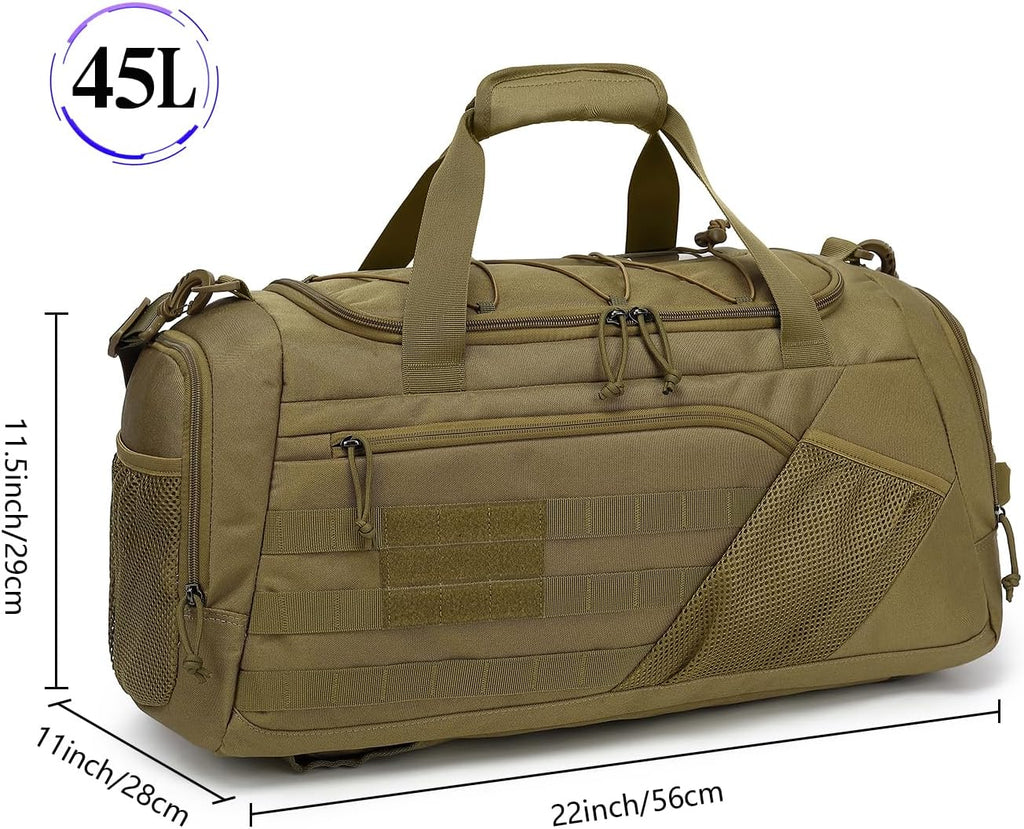 3-in-1 Tactical Gym & Travel Duffle Bag Backpack Men Multi-Functional 45L Military Sports Duffle Bag with Shoe Compartment & Wet Pocket for Workout Weekender Overnight Bag with Molle Webbing, Brown