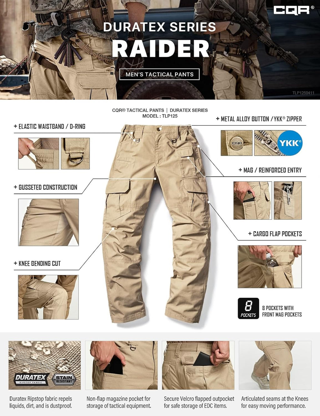 CQR Men's Tactical Pants, Water Resistant Ripstop Cargo Pants, Lightweight EDC Work Hiking Pants, Outdoor Apparel