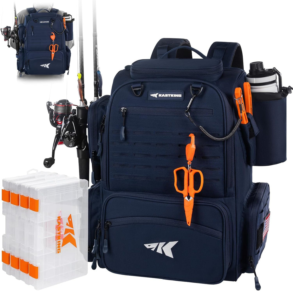 KastKing Bait Boss Fishing Backpack with Rod Holders, 4 Tackle Boxes