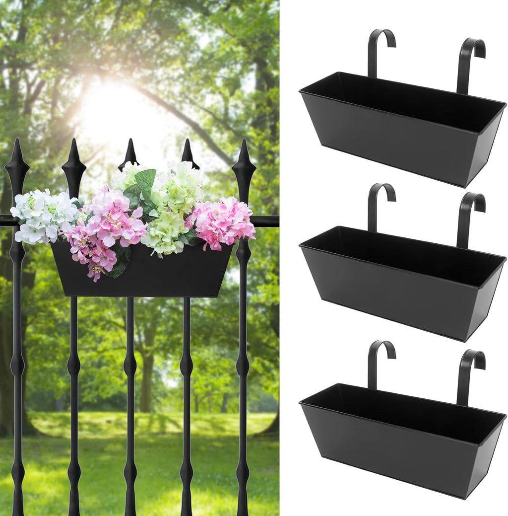 16 Inch Railing Planters Box Metal Hanging Flower Pot 3 Pcs