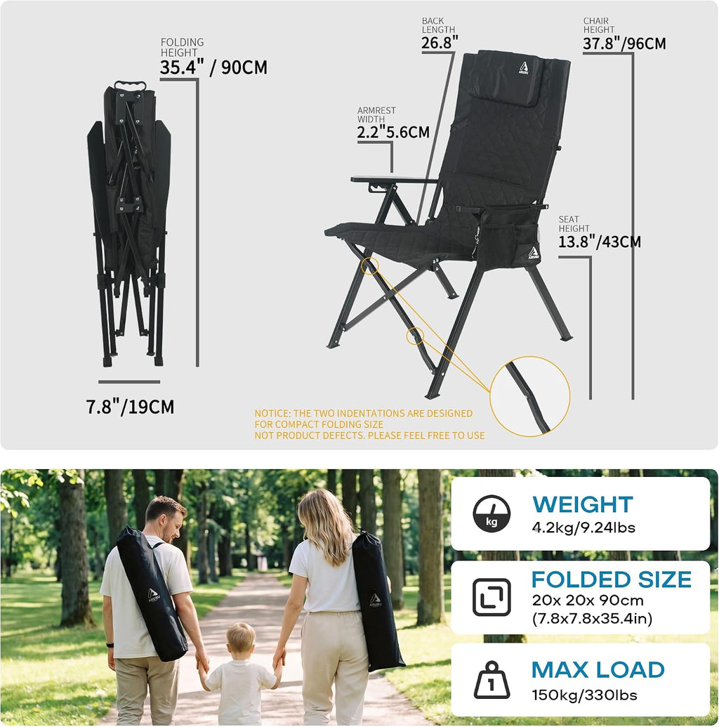 Reclining Camping Chair, Heavy Duty Folding Chairs with 4-Stage Adjustable High Back for Adults, Compact Foldable Outdoor Patio Reclining Chair with Storage Bag (Black, 2 Pack)
