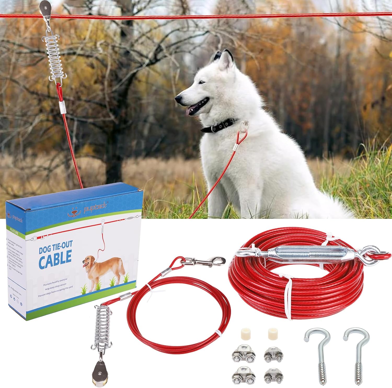 PUPTECK Outdoor Dog Run Cable for Small to Large Dogs up to 125lbs, Heavy Duty Tie Out Cable Trolley System with Runner Pulley Cable Zip Line for Yard, Camping, Long Lead Chain Leash