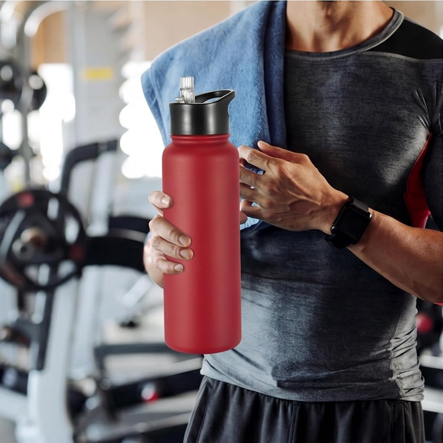 VEGOND 40 oz Insulated Water Bottle Stainless Steel Metal Water Bottles with Leak Proof Straw Lid & Spout Lid, Wide Mouth Double Walled Vacuum Travel Sports Bottle, Red
