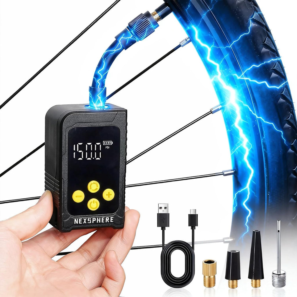 Mini Bike Tire Pump, Max 150 PSI, 25s Fast Inflate Bicycle Pump with Gauge, Electric Tire Inflator, Portable Air Pump with Presta & Schrader Valve for Mountain, City, Road, E-Bike, and Ball