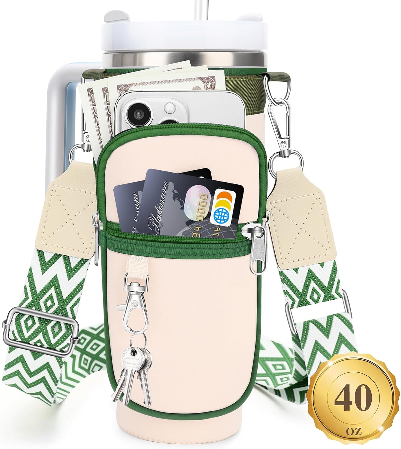 Water Bottle Carrier Bag with Canvas Shoulder Strap for Stanley 40 oz Tumbler with Handle, Water Bottle Holder Pouch with 6.7'' Phone Pocket for Stanley Cup Accessories, Birthday Gifts for Men Women