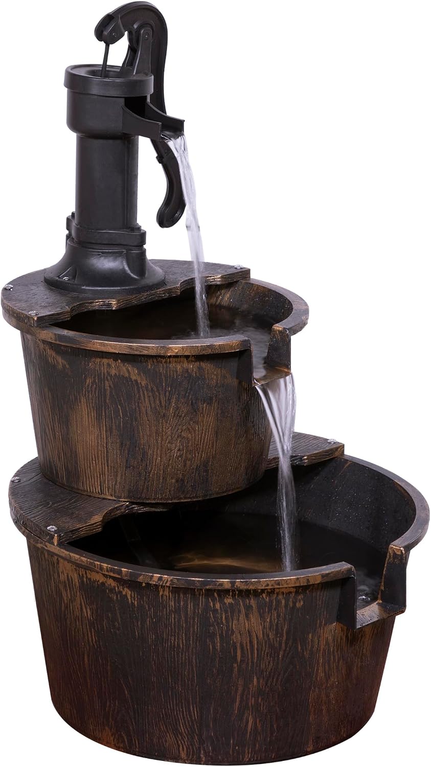 Alpine Corporation 27" Tall Rustic Outdoor 2-Tier Barrel Pump Water Fountain with Soothing Cascading Water Flow for Patio, Yard, Porch, or Landscape, Bronze
