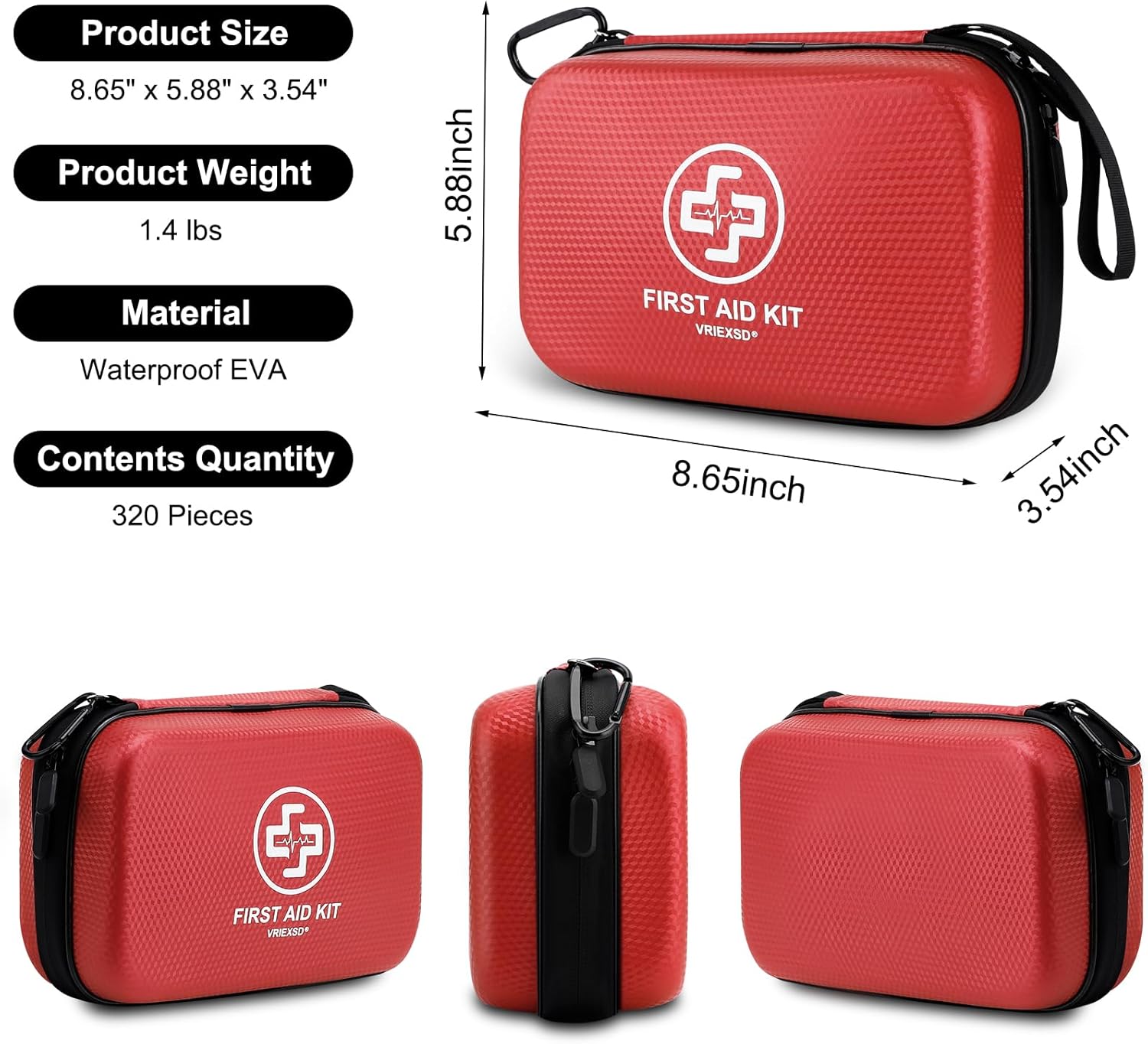 VRIEXSD Premium 320-Piece First Aid Kit, Waterproof EVA Hard Shell Case,Red